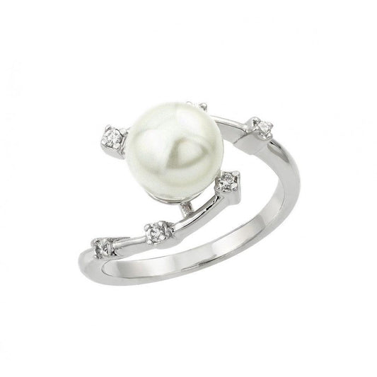 Sterling Silver 925 Rhodium Plated Clear CZ Simulated Pearl Curve Ring Sizes 5-9