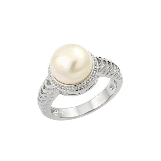 Rhodium Plated Sterling Silver 925 Simulated Pearl Center Rope Ring Sizes 5-9