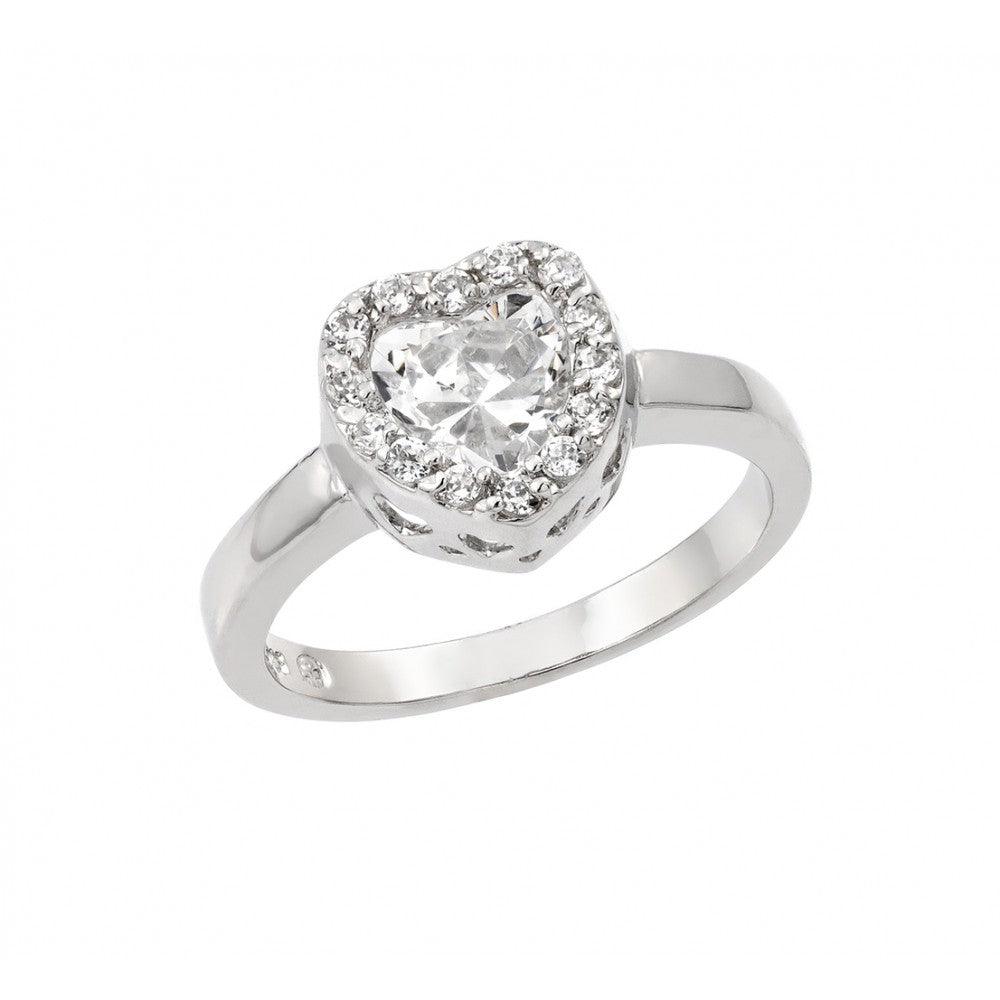 Rhodium Plated Sterling Silver 925 Clear CZ Heart Love Ring Band Sizes 5-9