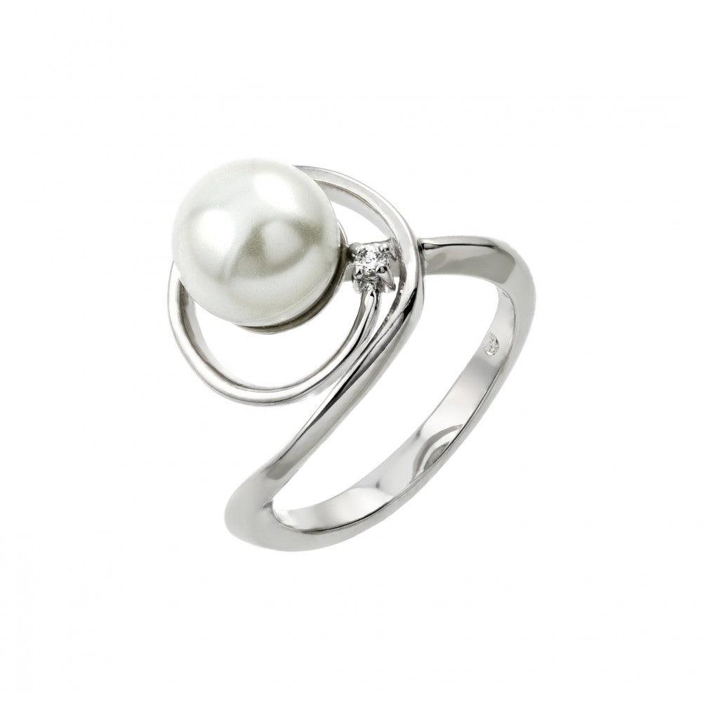 Sterling Silver 925 Rhodium Plated Loop Simulated Pearl Ring Sizes 5-9