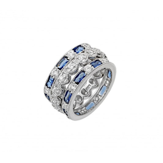 Rhodium Plated Sterling Silver 925 Blue Baguette Round Clear CZ Ring Sizes 5-9