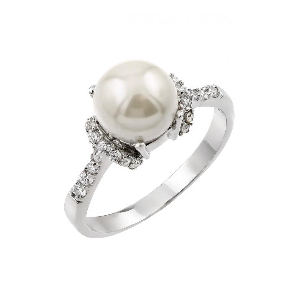 Sterling Silver 925 Rhodium Plated Simulated Pearl Clear CZ Ring New Sizes 5-9