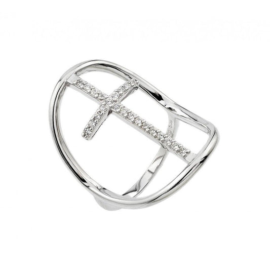 Rhodium Plated Sterling Silver 925 Clear CZ Cross Ring Christian Band Sizes 5-9