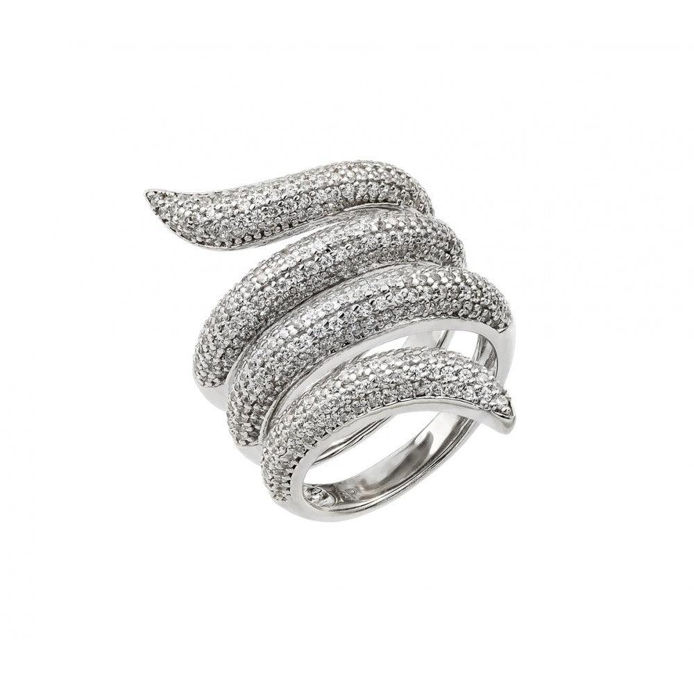 Rhodium Plated Sterling Silver 925 Coil Pave Clear CZ Cocktail Ring Sizes 5-9