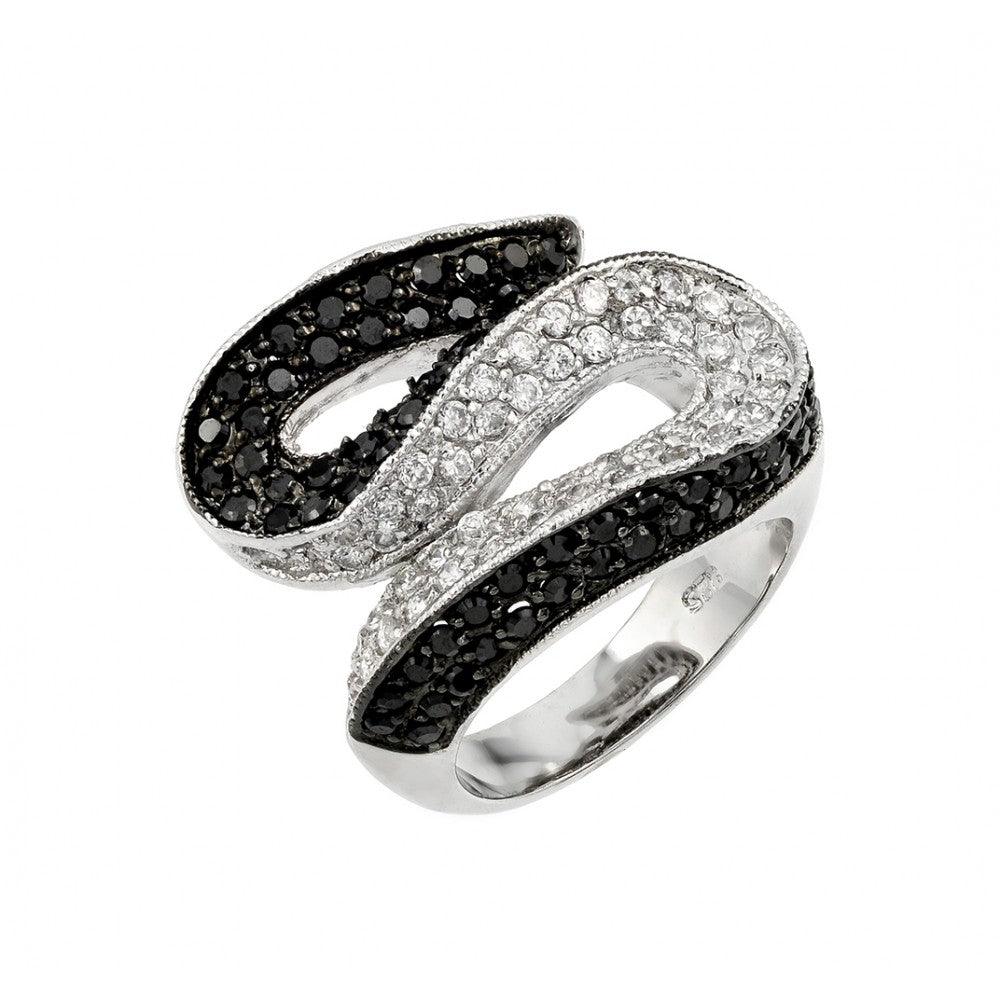 Sterling Silver 925 Black Rhodium Plated Clear Black CZ S Curve Ring Sizes 5-5
