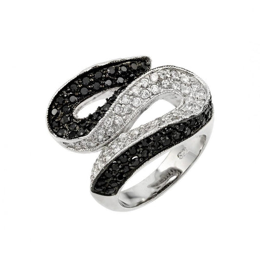 Sterling Silver 925 Black Rhodium Plated Clear Black CZ S Curve Ring Sizes 5-5