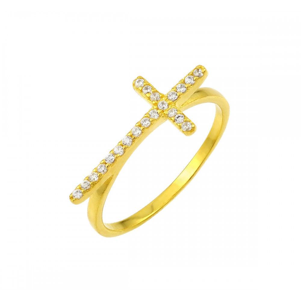 Gold Plated Sterling Silver 925 Clear CZ Cross Ring Christian Band Sizes 5-9
