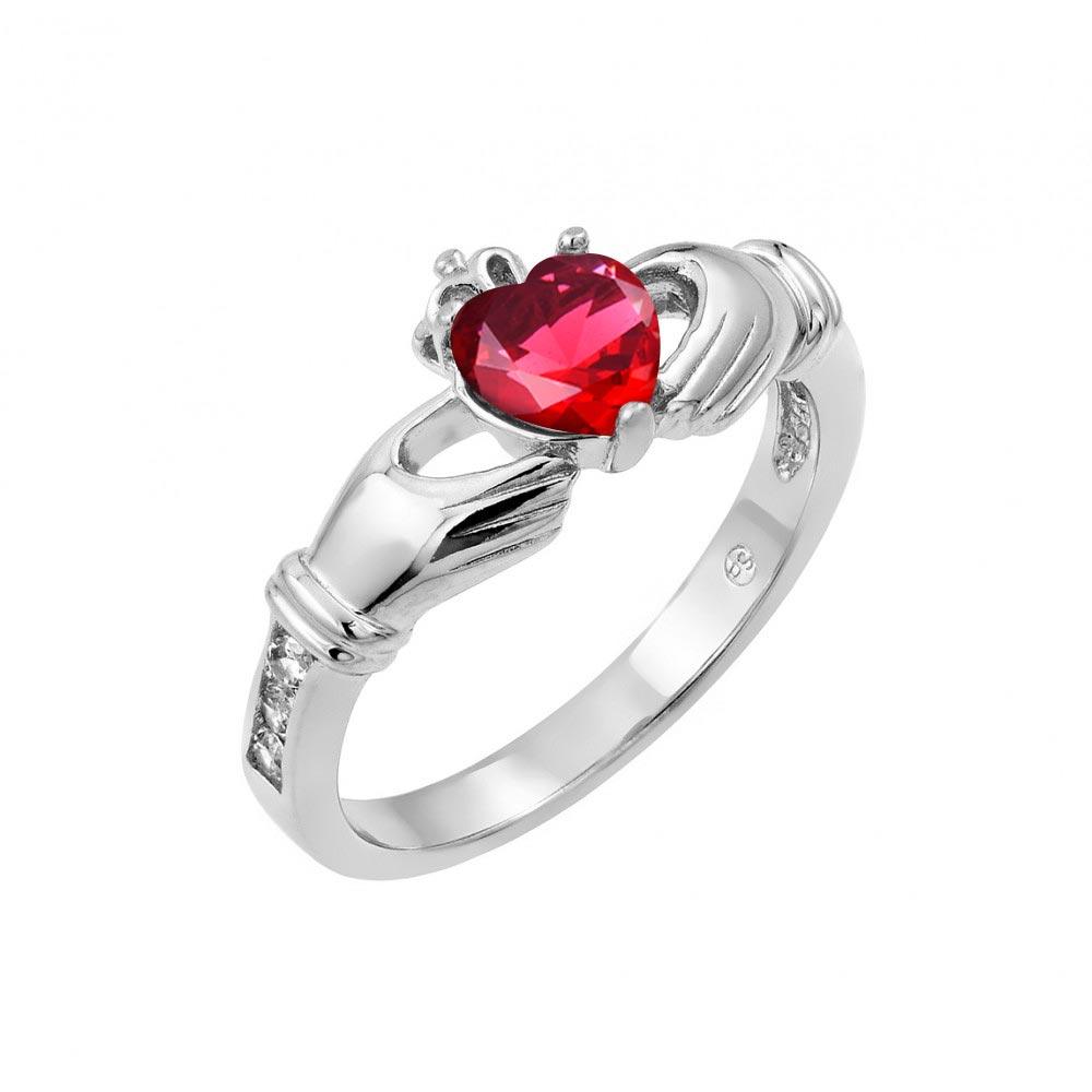 Rhodium Plated Sterling Silver 925 Red Heart CZ Claddagh Celtic Ring Sizes 5-9