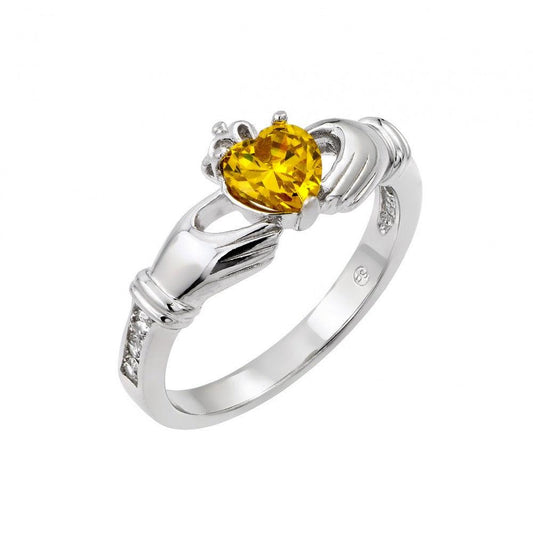 Rhodium Plated Sterling Silver 925 Yellow Heart CZ Claddagh Ring Band Sizes 5-9