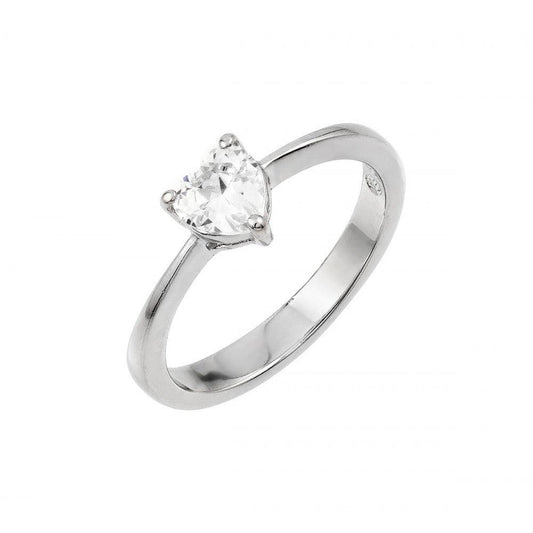 Rhodium Plated Sterling Silver 925 Clear CZ Solitaire Heart Ring Band Sizes 5-9
