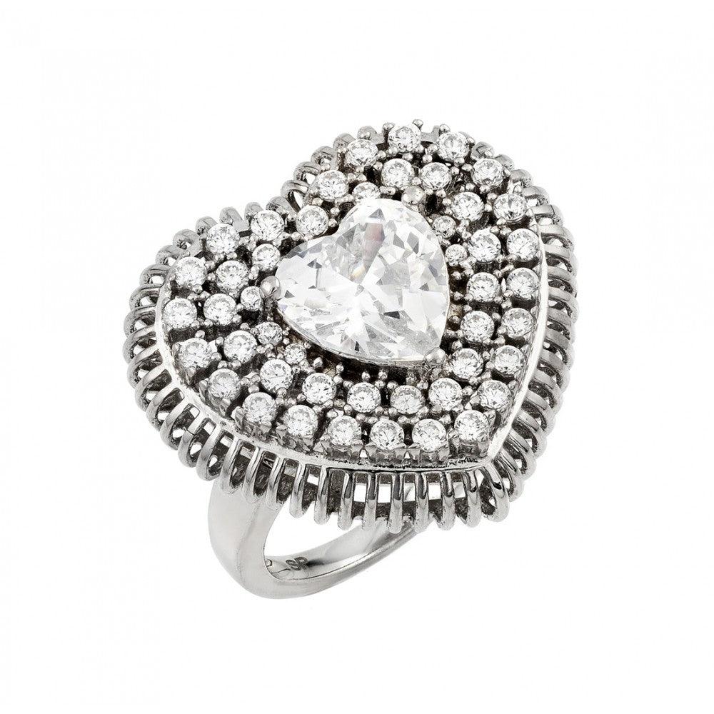 Rhodium Plated Sterling Silver 925 Heart Micro Pave Clear CZ Ring Band Sizes 5-9