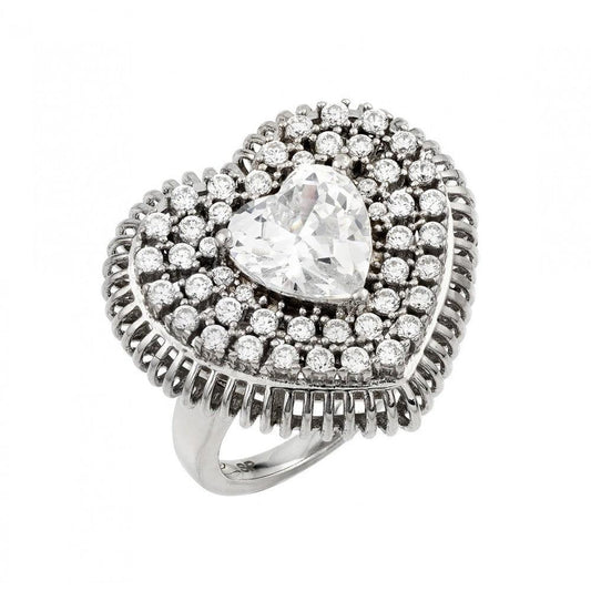Rhodium Plated Sterling Silver 925 Heart Micro Pave Clear CZ Ring Band Sizes 5-9
