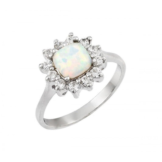 Rhodium Plated Sterling Silver 925 Synthetic Opal Clear CZ Flower Ring Sizes 5-9