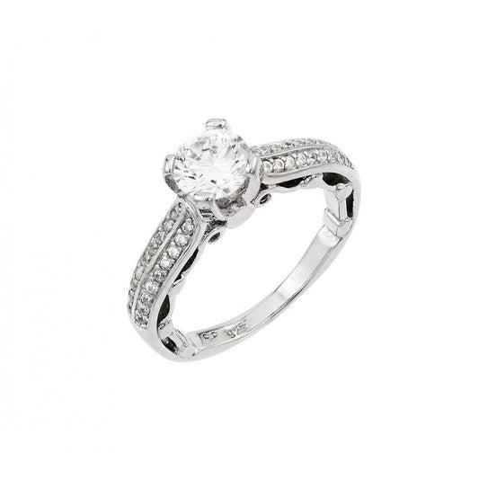 Rhodium Plated Sterling Silver 925 Clear Pave Set CZ Solitaire Ring Sizes 5-9