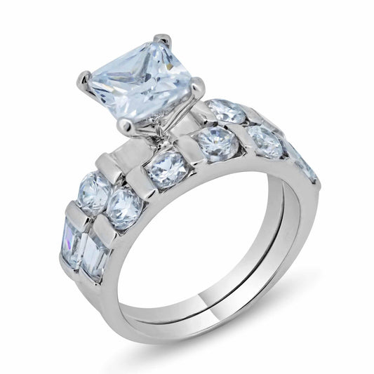 Rhodium Plated Polished Sterling Silver 925 Clear CZ Square Ring Band Sizes 5-9