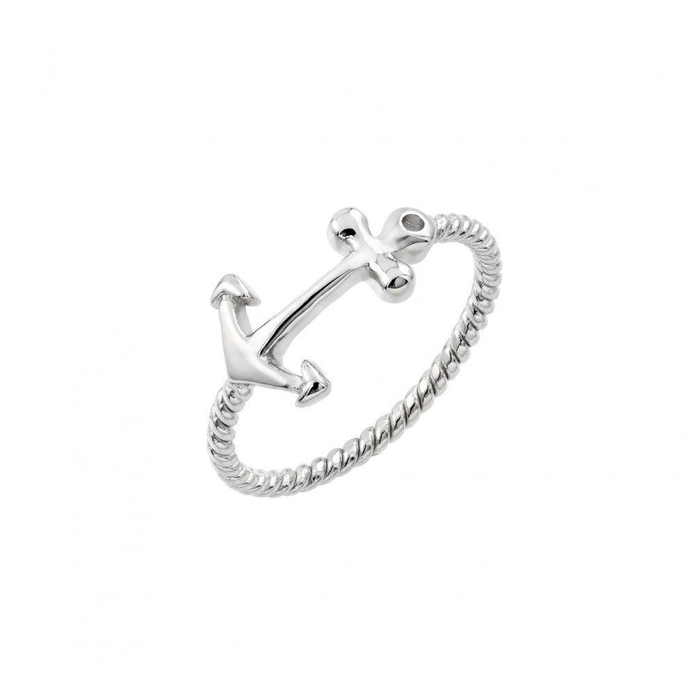 Rhodium Plated Sterling Silver 925 Round Clear CZ Anchor Rope Ring Sizes 5-9