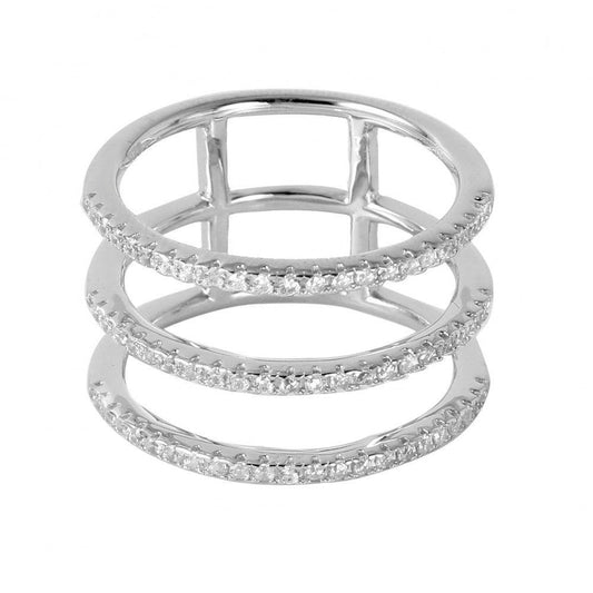 Rhodium Plated Sterling Silver 925 Triple Connected Band Clear CZ Ring Sizes 6-9