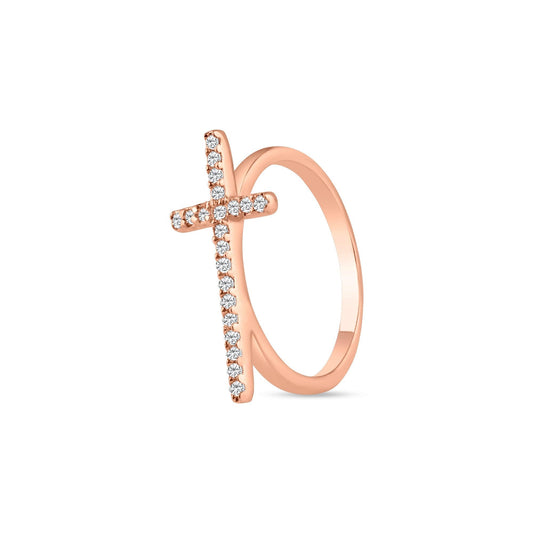 Rose Gold Plated Sterling Silver 925 Clear CZ Cross Ring Faith Band Sizes 5-9