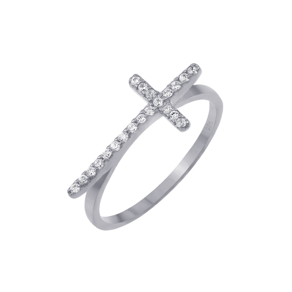 Rhodium Plated Sterling Silver 925 Clear CZ Cross Ring Christian Band Sizes 5-9