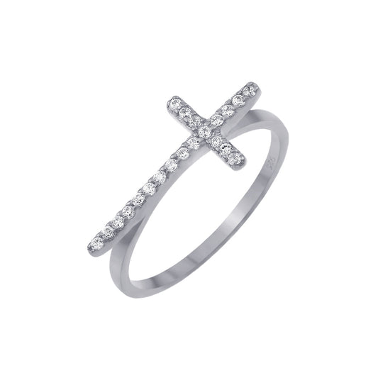 Rhodium Plated Sterling Silver 925 Clear CZ Cross Ring Christian Band Sizes 5-9