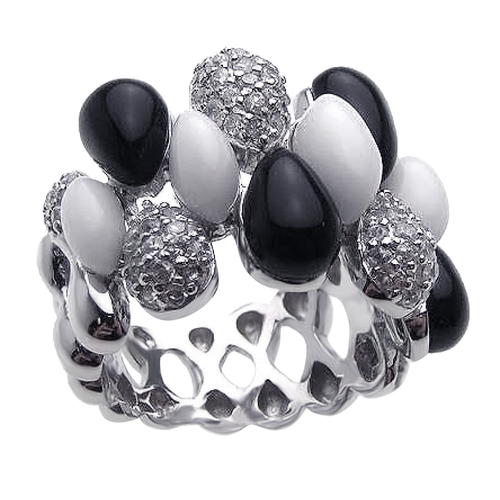 Rhodium Plated Sterling Silver 925 Onyx White Enamel Clear CZ Ring Sizes 5-9