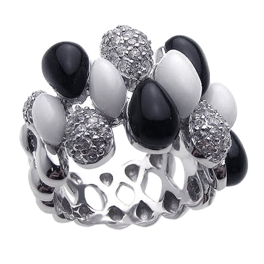 Rhodium Plated Sterling Silver 925 Onyx White Enamel Clear CZ Ring Sizes 5-9