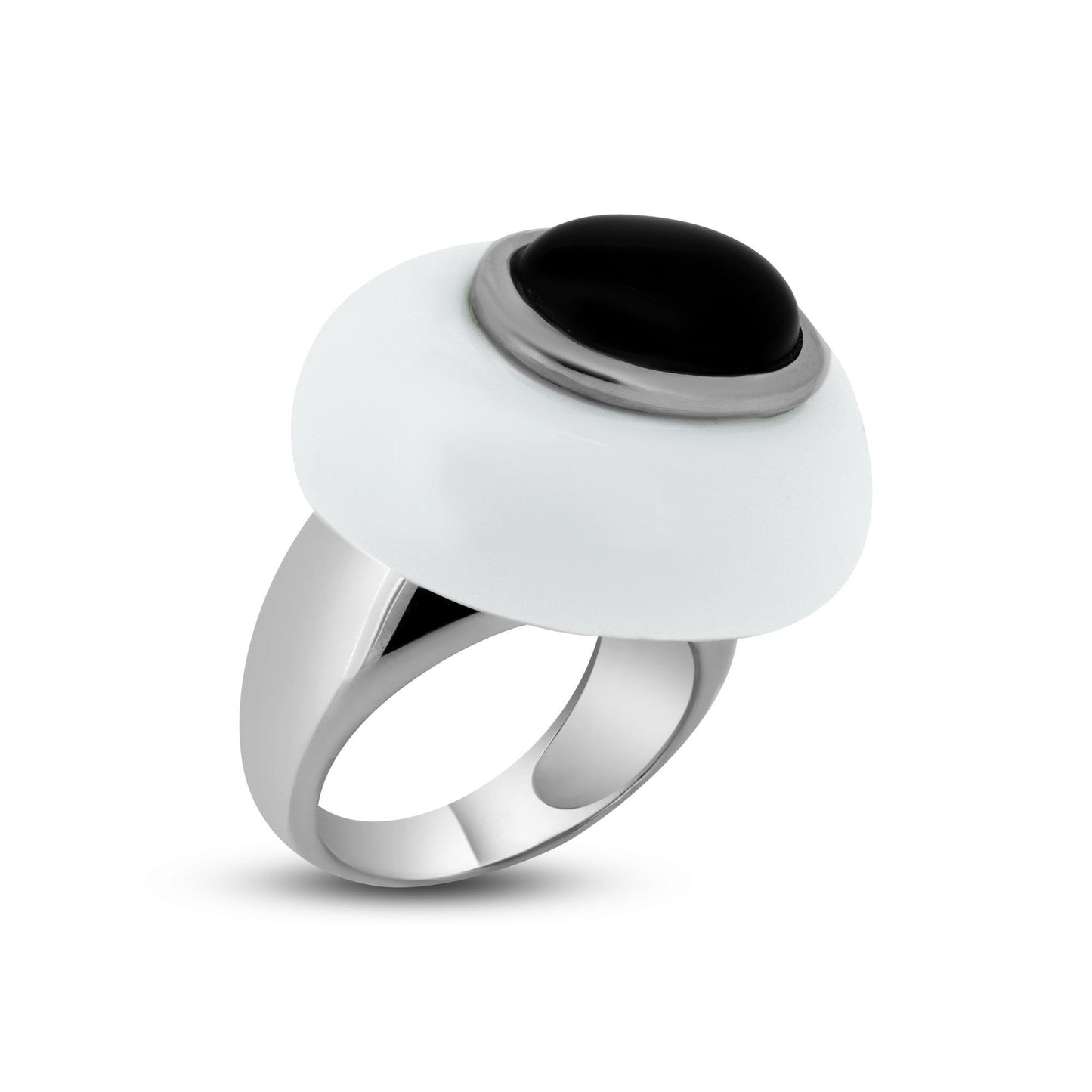Sterling Silver 925 Rhodium Plated White Enamel Black Onyx Dome Ring Sizes 5-9
