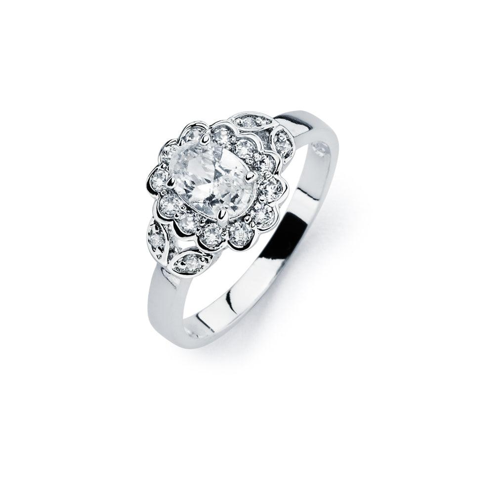 Rhodium Plated Sterling Silver 925 Clear Cluster CZ Flower Ring Band Sizes 5-9