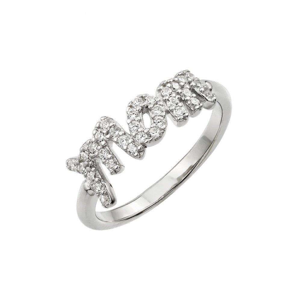 Rhodium Plated Sterling Silver 925 Clear CZ Mom Ring Word Band Sizes 5-9