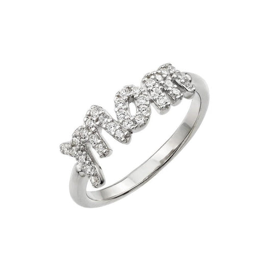 Rhodium Plated Sterling Silver 925 Clear CZ Mom Ring Word Band Sizes 5-9