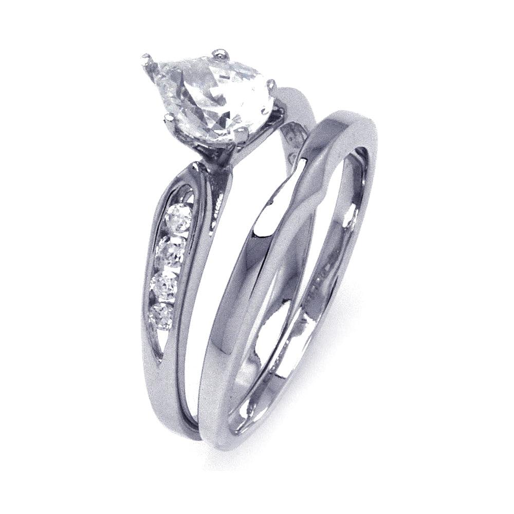 Sterling Silver 925 Rhodium Plated Clear Teardrop CZ Bridal Ring Set Sizes 5-10