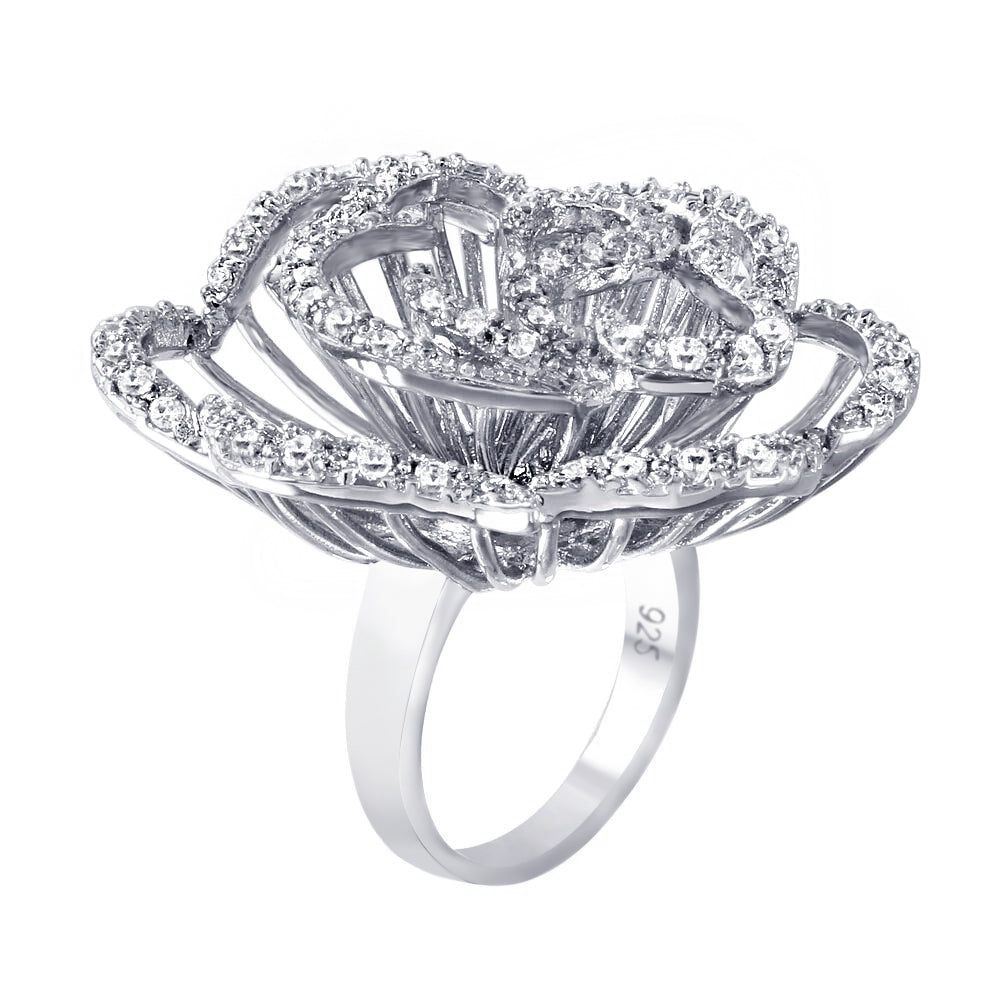 Rhodium Plated Sterling Silver 925 Clear CZ Rose Flower Cocktail Ring Sizes 6-9