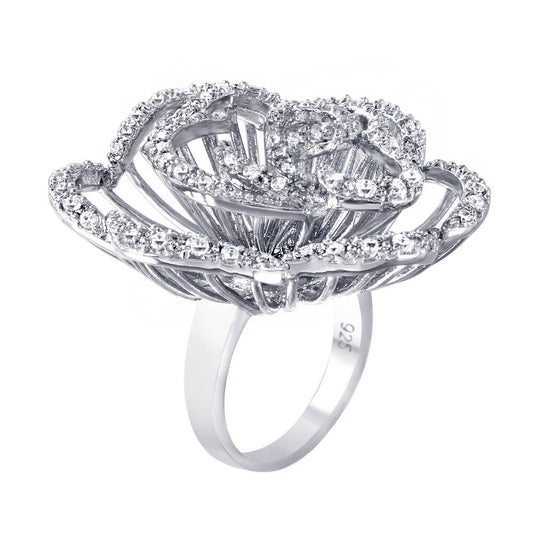 Rhodium Plated Sterling Silver 925 Clear CZ Rose Flower Cocktail Ring Sizes 6-9