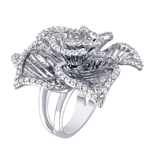 Rhodium Plated Sterling Silver 925 Clear CZ Open Flower Cocktail Ring Sizes 5-9