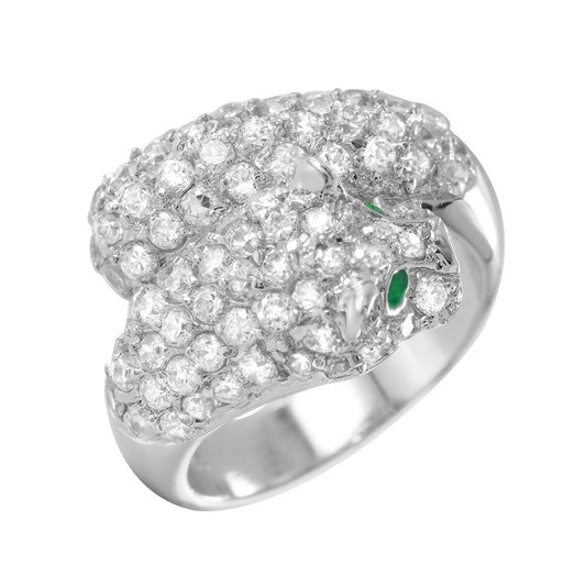Sterling Silver 925 Rhodium Plated Green Clear Pave Set CZ Jaguar Ring Sizes 5-9