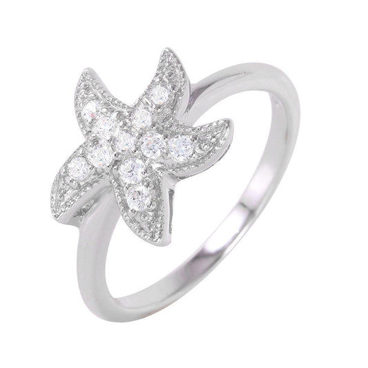 Rhodium Plated Sterling Silver 925 Clear Pave Set CZ Starfish Ring Sizes 5-9
