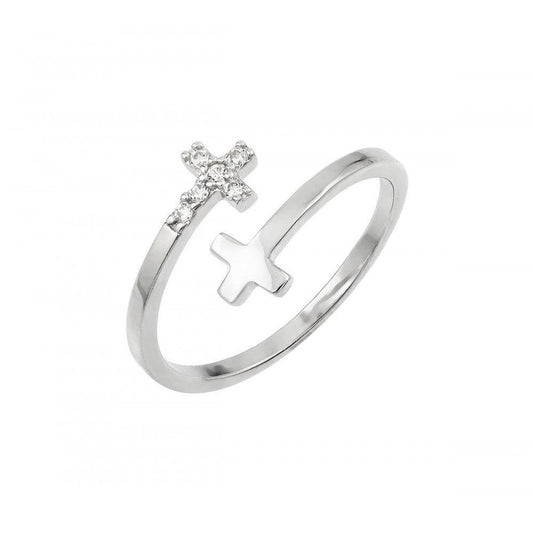Rhodium Plated Sterling Silver 925 Clear CZ Double Cross Ring Band Sizes 5-9