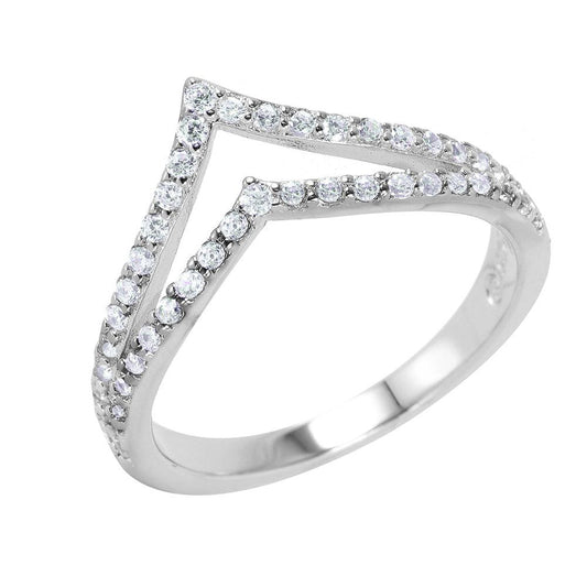 Rhodium Plated Sterling Silver 925 Clear CZ Double Chevron Ring Band Sizes 5-9