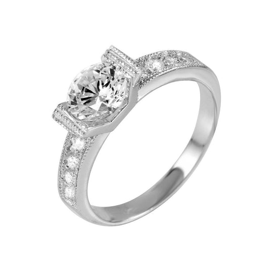 Sterling Silver 925 Rhodium Plated Clear CZ High Polished Ring Sizes 5-9