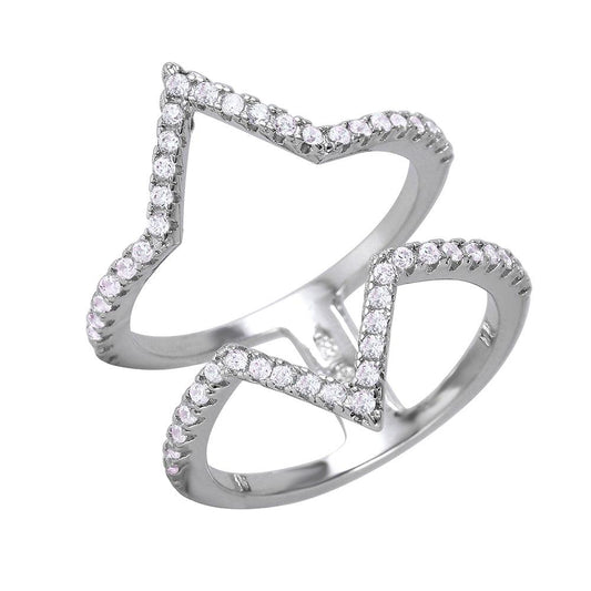 Rhodium Plated Sterling Silver 925 Double Tip Ring Clear CZ Band Sizes 5-9