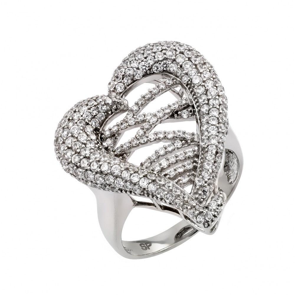 Rhodium Plated Sterling Silver 925 Micro Pave Clear CZ Heart Ring Band Sizes 5-9