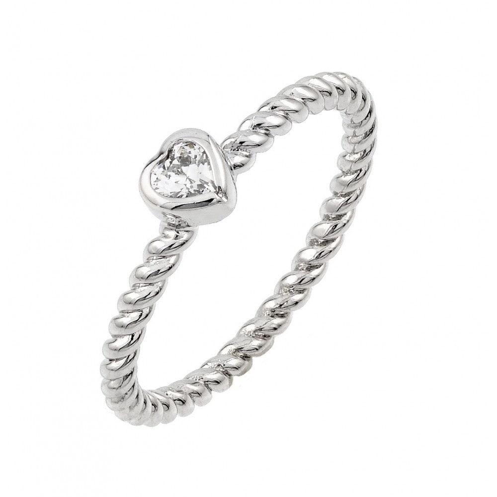 Rhodium Plated Sterling Silver 925 Rope Band Clear Heart CZ Ring Sizes 5-9