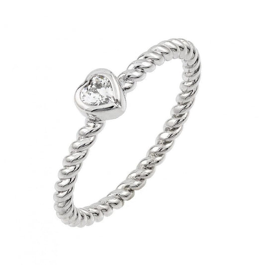 Rhodium Plated Sterling Silver 925 Rope Band Clear Heart CZ Ring Sizes 5-9