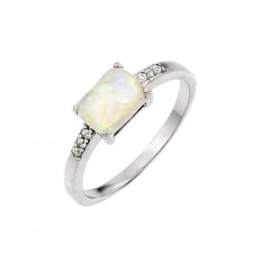 Sterling Silver 925 Rhodium Plated CZ Baguette Synthetic Opal Ring Sizes 5-9