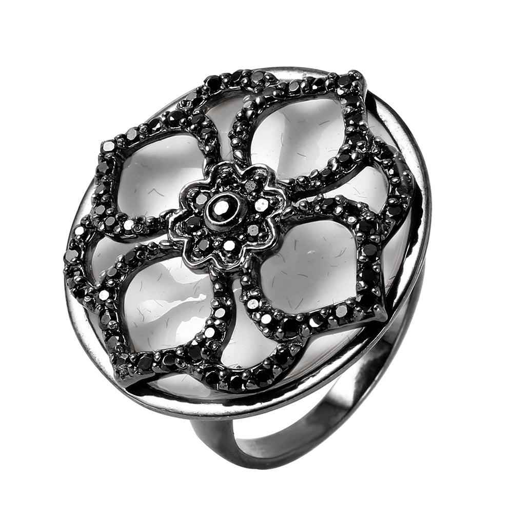 Rhodium Plated Sterling Silver 925 Flower Ring Black CZ Polished Band Sizes 6-9