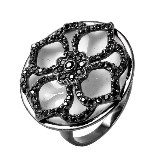 Rhodium Plated Sterling Silver 925 Flower Ring Black CZ Polished Band Sizes 6-9