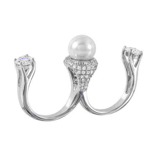 Rhodium Plated Sterling Silver 925 Simulated Pearl Two Finger Ring CZ Sizes 5-9