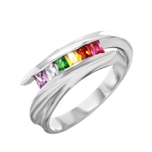 Rhodium Plated Sterling Silver 925 Overlapping Ring Multi-Color CZ Sizes 5-9