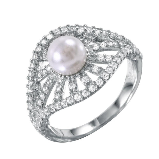 Sterling Silver 925 Radial Bursts Simulated Pearl Ring Clear CZ Band Sizes 5-9