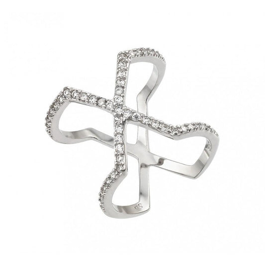 Polished Rhodium Plated Sterling Silver 925 Cross X Clear CZ Ring Band Sizes 5-9